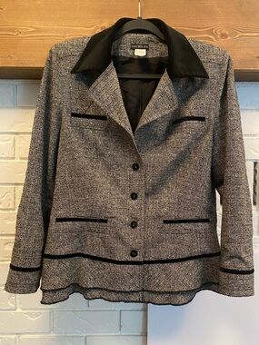 VEX Tweed Wool Blend Blazer Size 42 Black Velvet Trim Academia Equestrian